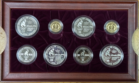 Gold Commems 1996 US OLYMPICS COMMEMORATIVE 16 COIN PROOF SET W GOLD, SILVER $1s, 50C BOX/KEY