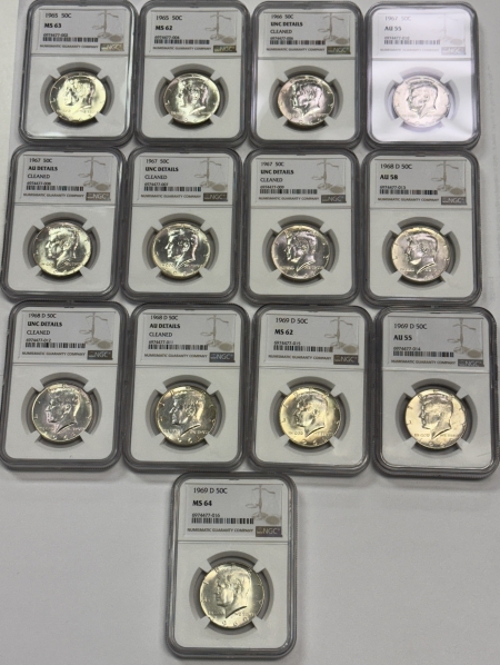 Kennedy Halves 1965-1969-D 40% SILVER KENNEDY HALF DOLLAR 13 COIN SLAB LOT – NGC AU CLND-MS-64