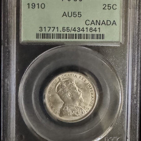 New Certified Coins 1910 CANADA 25C, KM-11a – PCGS AU-55, OLD GREEN HOLDER, PREMIUM QUALITY!