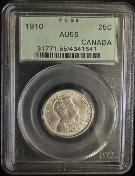 New Certified Coins 1910 CANADA 25C, KM-11a – PCGS AU-55, OLD GREEN HOLDER, PREMIUM QUALITY!