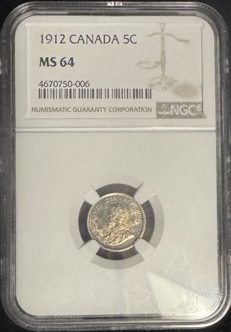 New Certified Coins 1912 CANADA 5C, KM-22 – NGC MS-64