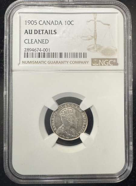 New Certified Coins 1905 CANADA 10C, KM-10 – NGC AU DETAILS, CLEANED, SCARCE DATE!