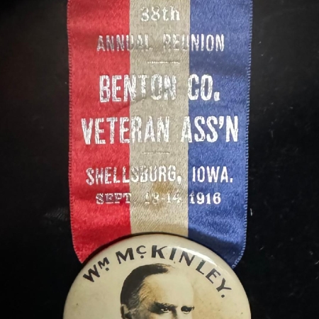 New Store Items 1916 IOWN VETERAN’S ASSOCIATION RIBBON-BADGE W/ 1 3/4″ McKINLEY CELLULOID-MINT!