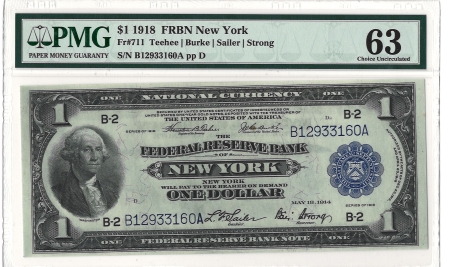 Large Federal Reserve Notes 1918 $1 FRBN NEW YORK, FR#711 – PMG 63 – CHOICE UNCIRCULATED!