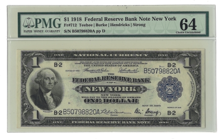 Large Federal Reserve Notes 1918 $1 FRBN NEW YORK, FR#712 – PMG 64 – CHOICE UNCIRCULATED!