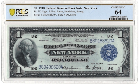 Large Federal Reserve Notes 1918 $1 FRBN NEW YORK, FR#713 – PCGS BANKNOTE 64 – CHOICE UNCIRCULATED!