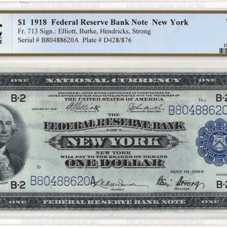 Large Federal Reserve Notes 1918 $1 FRBN NEW YORK, FR#713 – PCGS BANKNOTE 64 – CHOICE UNCIRCULATED!