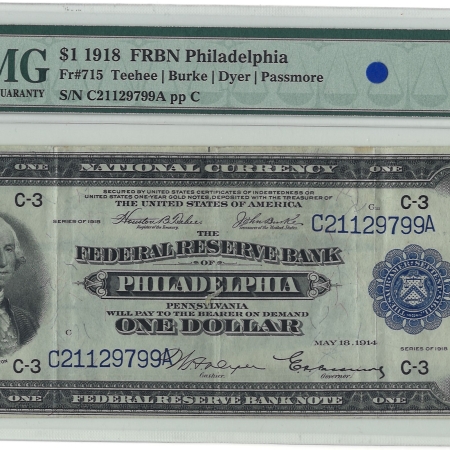 Large Federal Reserve Notes 1918 $1 FRBN PHILADELPHIA, FR#715 – PMG 35 – CHOICE VERY FINE!