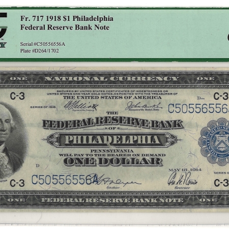 Large Federal Reserve Notes 1918 $1 FRBN PHILADELPHIA, FR#717 – PCGS 65 PPQ – GEM NEW!