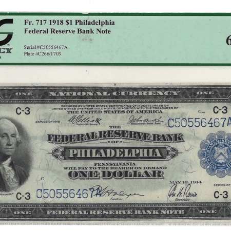 Large Federal Reserve Notes 1918 $1 FRBN PHILADELPHIA, FR#717 – PCGS 65 PPQ – GEM NEW!