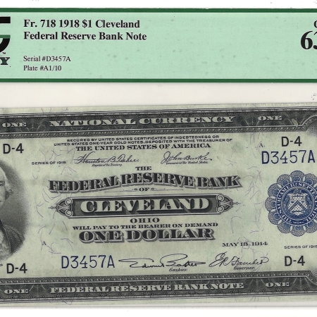 Large Federal Reserve Notes 1918 $1 FRBN CLEVELAND, FR#718 – PCGS 63 PPQ – CHOICE NEW!