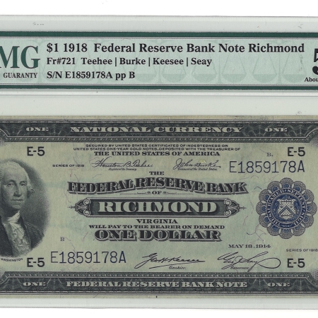 Large Federal Reserve Notes 1918 $1 FRBN RICHMOND, FR#721 – PMG 55 EPQ – ABOUT UNCIRCULATED!