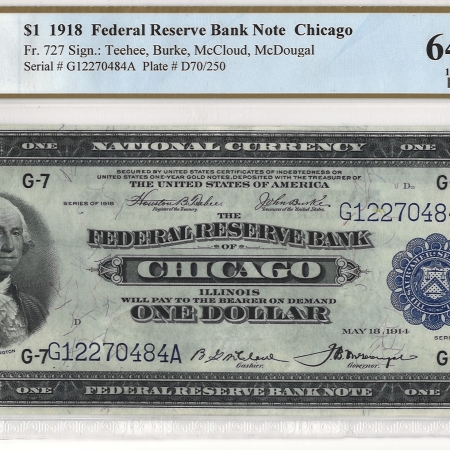 Large Federal Reserve Notes 1918 $1 FRBN CHICAGO, FR#727 – PCGS 64 PPQ – CHOICE UNCIRCULATED!