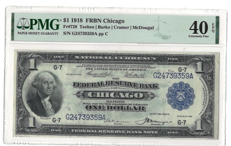 Large Federal Reserve Notes 1918 $1 FRBN CHICAGO, FR#728 – PMG 40 EPQ – EXTREMELY FINE!