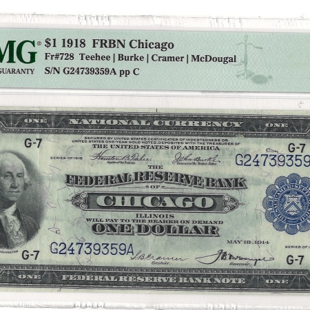 Large Federal Reserve Notes 1918 $1 FRBN CHICAGO, FR#728 – PMG 40 EPQ – EXTREMELY FINE!