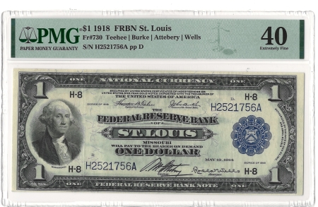 Large Federal Reserve Notes 1918 $1 FRBN ST LOUIS, FR#730 – PMG 40 – EXTREMELY FINE!