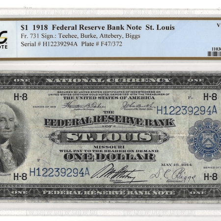 Large Federal Reserve Notes 1918 $1 FRBN ST LOUIS, FR#731 – PCGS 25 – VERY FINE!