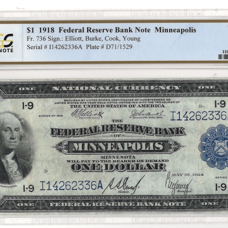 Large Federal Reserve Notes 1918 $1 FRBN MINNEAPOLIS, FR#736 – PCGS 30 – VERY FINE!