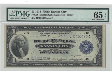 Large Federal Reserve Notes 1918 $1 FRBN KANSAS CITY, FR#738 – PMG 65 EPQ – GEM UNCIRCULATED!