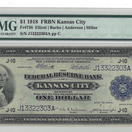 Large Federal Reserve Notes 1918 $1 FRBN KANSAS CITY, FR#738 – PMG 65 EPQ – GEM UNCIRCULATED!