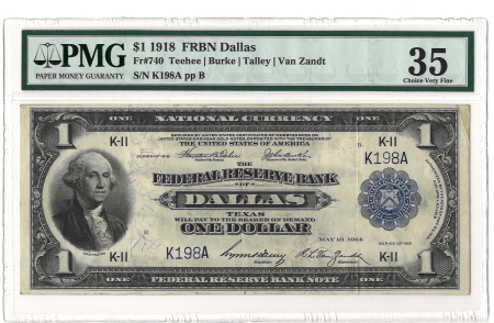 Large Federal Reserve Notes 1918 $1 FRBN DALLAS, FR#740 – PMG 35 – CHOICE VERY FINE!