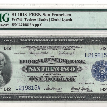 Large Federal Reserve Notes 1918 $1 FRBN SAN FRANCISCO, FR#743 – PMG 35 EPQ – CHOICE VERY FINE!