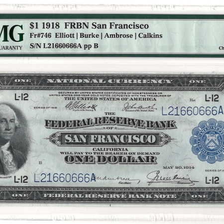 Large Federal Reserve Notes 1918 $1 FRBN SAN FRANCISCO, FR#746 – PMG 64 CHOICE UNCIRCULATED!