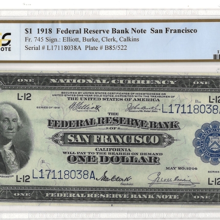 Large Federal Reserve Notes 1918 $1 FRBN SAN FRANCISCO, FR#745 – PCGS 50 ABOUT UNCIRCULATED!