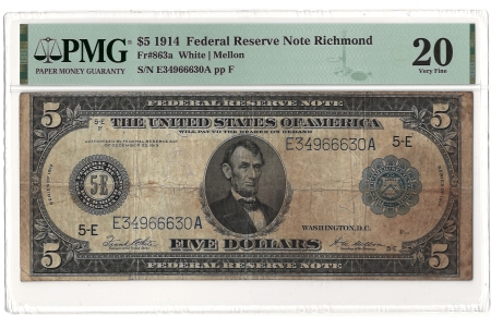 Large Federal Reserve Notes 1914 $5 FRBN RICHMOND, FR#863a – PMG 20 VERY FINE!