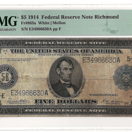 Large Federal Reserve Notes 1914 $5 FEDERAL RESERVE NOTE, RICHMOND, FR#863a – PMG 20 VERY FINE, STAINED