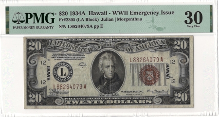 New Store Items 1934A $20 HAWAII-WWII EMERGENCY ISSUE FRBN FR#2305 – PMG 30 VERY FINE!