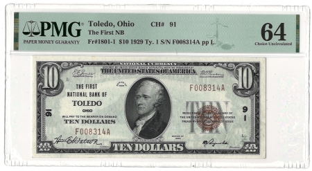 New Store Items 1929 $10 TOLEDO OHIO BANK NOTE, FR#1801-1 – PMG 64 CHOICE UNCIRCULATED!