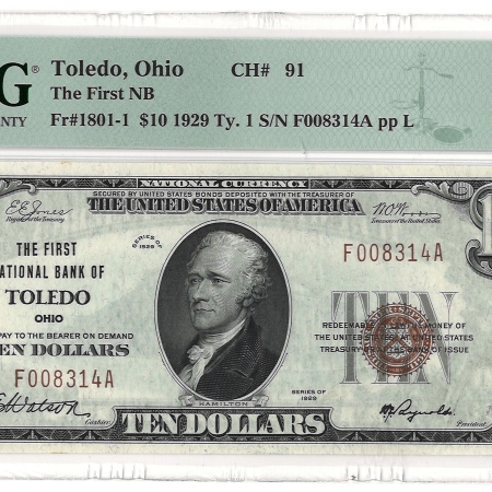 New Store Items 1929 $10 TOLEDO OHIO BANK NOTE, FR#1801-1 – PMG 64 CHOICE UNCIRCULATED!