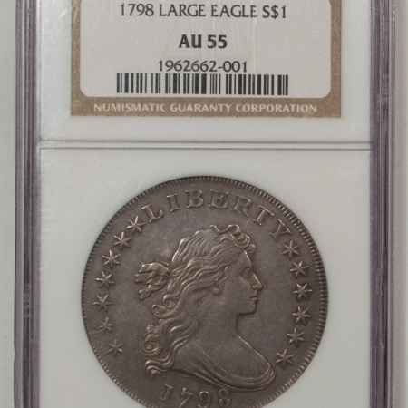 Early Dollars 1798 DRAPED BUST DOLLAR, LARGE EAGLE, WIDE DATE, POINTED 9  – NGC AU-55, SMOOTH