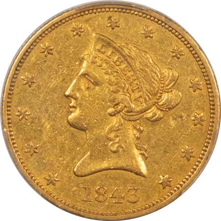 $10 1843 $10 LIBERTY GOLD EAGLE, NO MOTTO – PCGS XF-45, SCARCE IN HIGH GRADE!