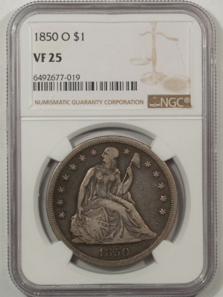 Liberty Seated Dollars 1850-O SEATED LIBERTY DOLLAR – NGC VF-25, WHOLESOME LOW MINTAGE NEW ORLEANS!