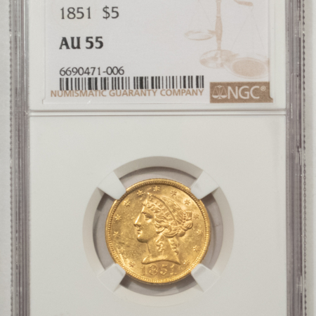 $5 1851 NO MOTTO $5 LIBERTY GOLD HALF EAGLE – NGC AU-55, FLASHY!