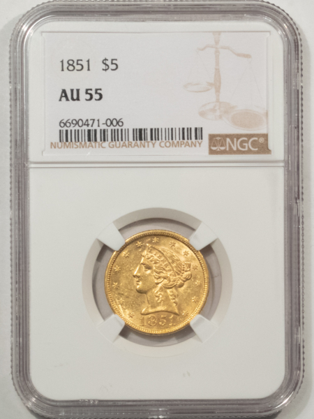 $5 1851 NO MOTTO $5 LIBERTY GOLD HALF EAGLE – NGC AU-55, FLASHY!