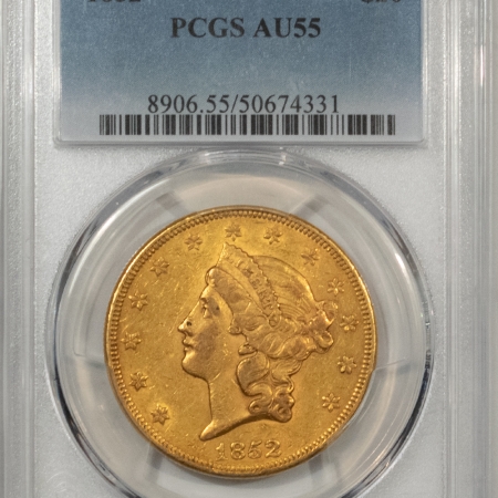 $20 1852 TYPE 1 $20 LIBERTY GOLD DOUBLE EAGLE, NO MOTTO – PCGS AU-55, SMOOTH!