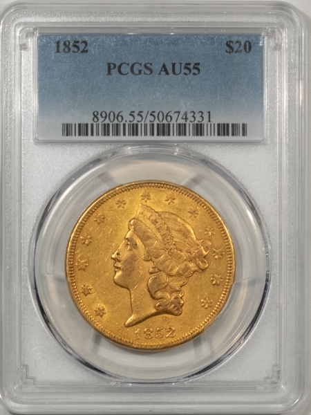 $20 1852 TYPE 1 $20 LIBERTY GOLD DOUBLE EAGLE, NO MOTTO – PCGS AU-55, SMOOTH!