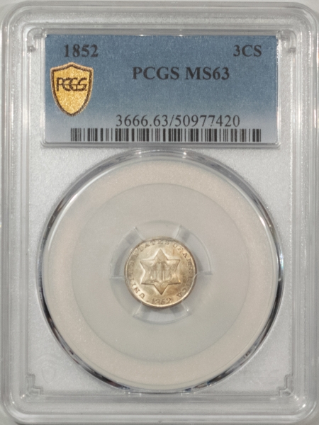 New Certified Coins 1852 THREE CENT SILVER – PCGS MS-63, LUSTROUS & CHOICE!