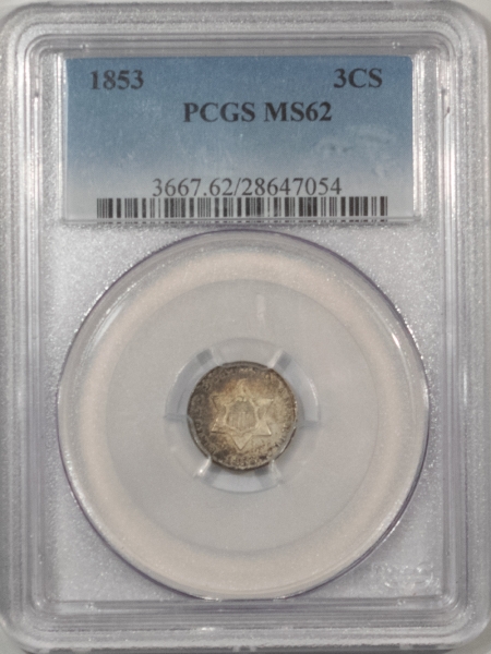 New Certified Coins 1853 THREE CENT SILVER – PCGS MS-62, ORIGINAL & ATTRACTIVE!