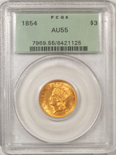 $3 1854 $3 GOLD, PCGS AU-55, OGH & PQ! LOOKS AU-58+!!