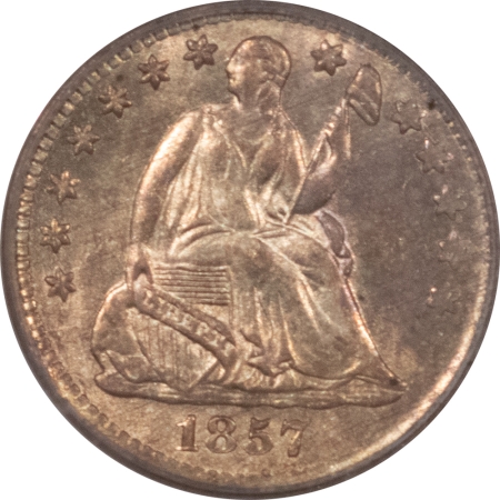 Liberty Seated Half Dimes 1857 SEATED LIBERTY HALF DIME – PCGS MS-60, 2 PC RATTLER, PREMIUM QUALITY!