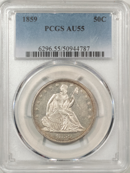 Liberty Seated Halves 1859 SEATED LIBERTY HALF DOLLAR – PCGS AU-55, GREAT LOOK!