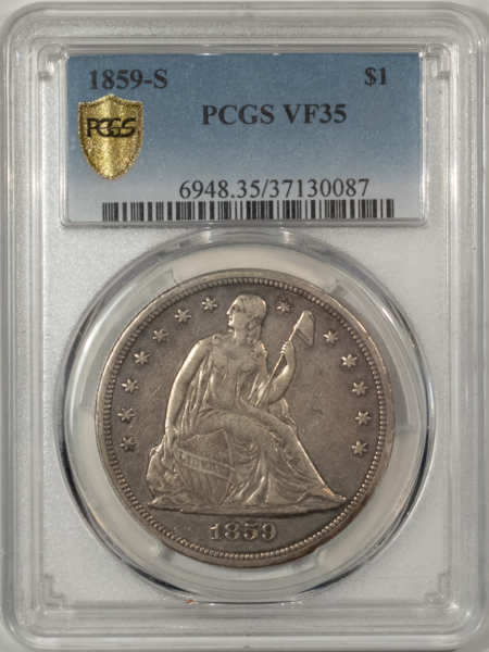 Liberty Seated Dollars 1859-S $1 SEATED LIBERTY DOLLAR – PCGS VF-35, FIRST SAN FRANCISCO DOLLAR, TOUGH!