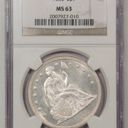 Liberty Seated Dollars 1860 $1 SEATED LIBERTY DOLLAR – NGC MS-63, BLAST WHITE!