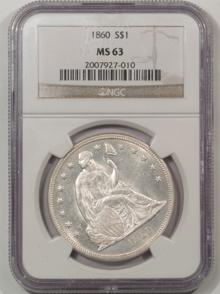 Liberty Seated Dollars 1860 $1 SEATED LIBERTY DOLLAR – NGC MS-63, BLAST WHITE!