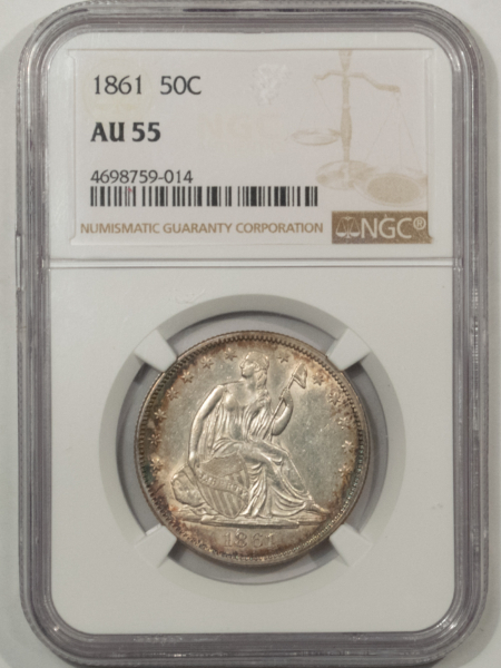 Liberty Seated Halves 1861 LIBERTY SEATED HALF DOLLAR – NGC AU-55, PRETTY! CIVIL WAR DATE!