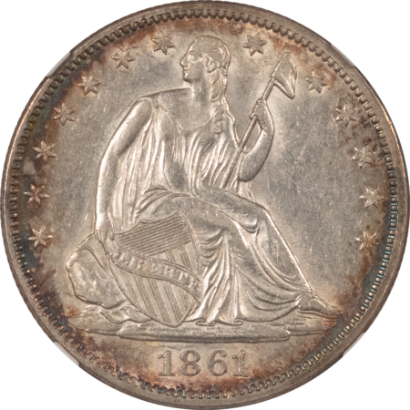 Liberty Seated Halves 1861 LIBERTY SEATED HALF DOLLAR – NGC AU-55, PRETTY! CIVIL WAR DATE!